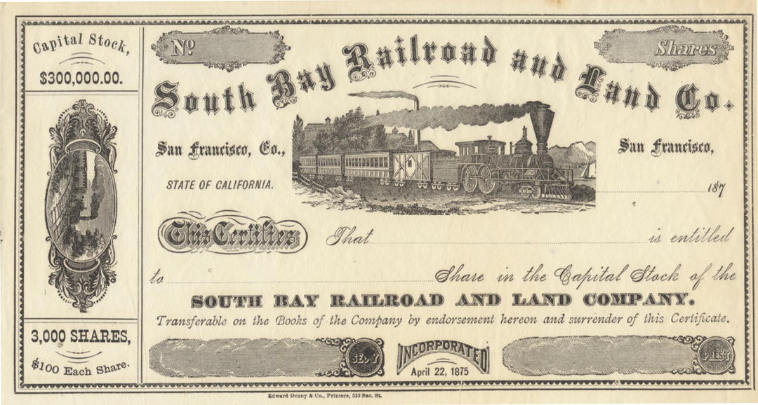 South Bay Railroad and Land Co. Stock Certificate