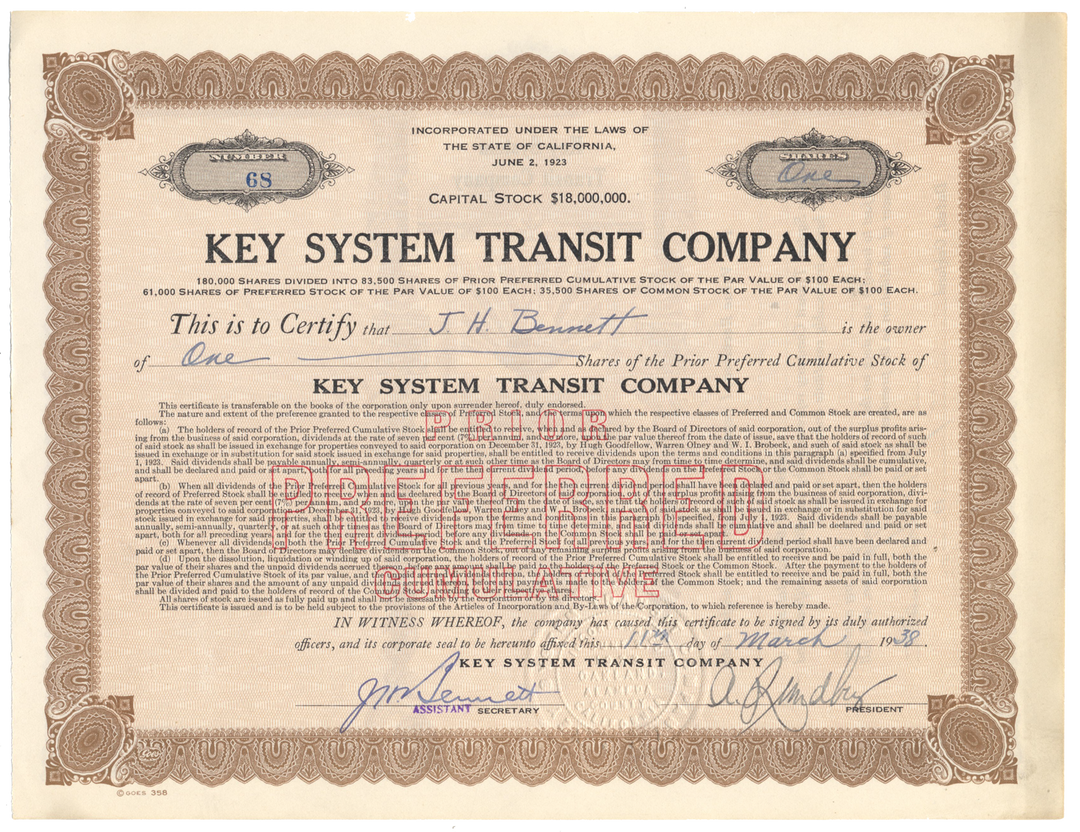 Key System Transit Company Stock Certificate