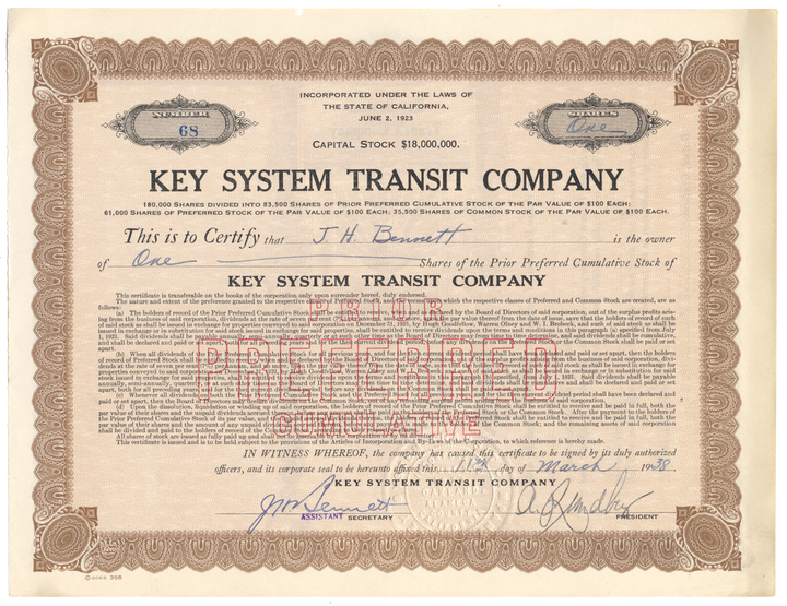 Key System Transit Company Stock Certificate