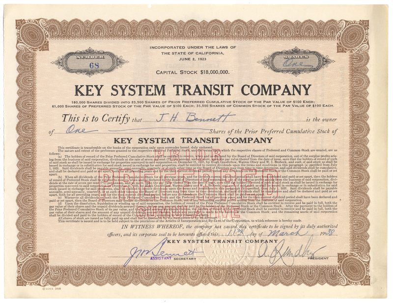 Key System Transit Company Stock Certificate