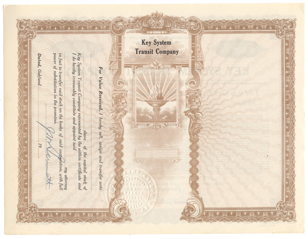 Key System Transit Company Stock Certificate