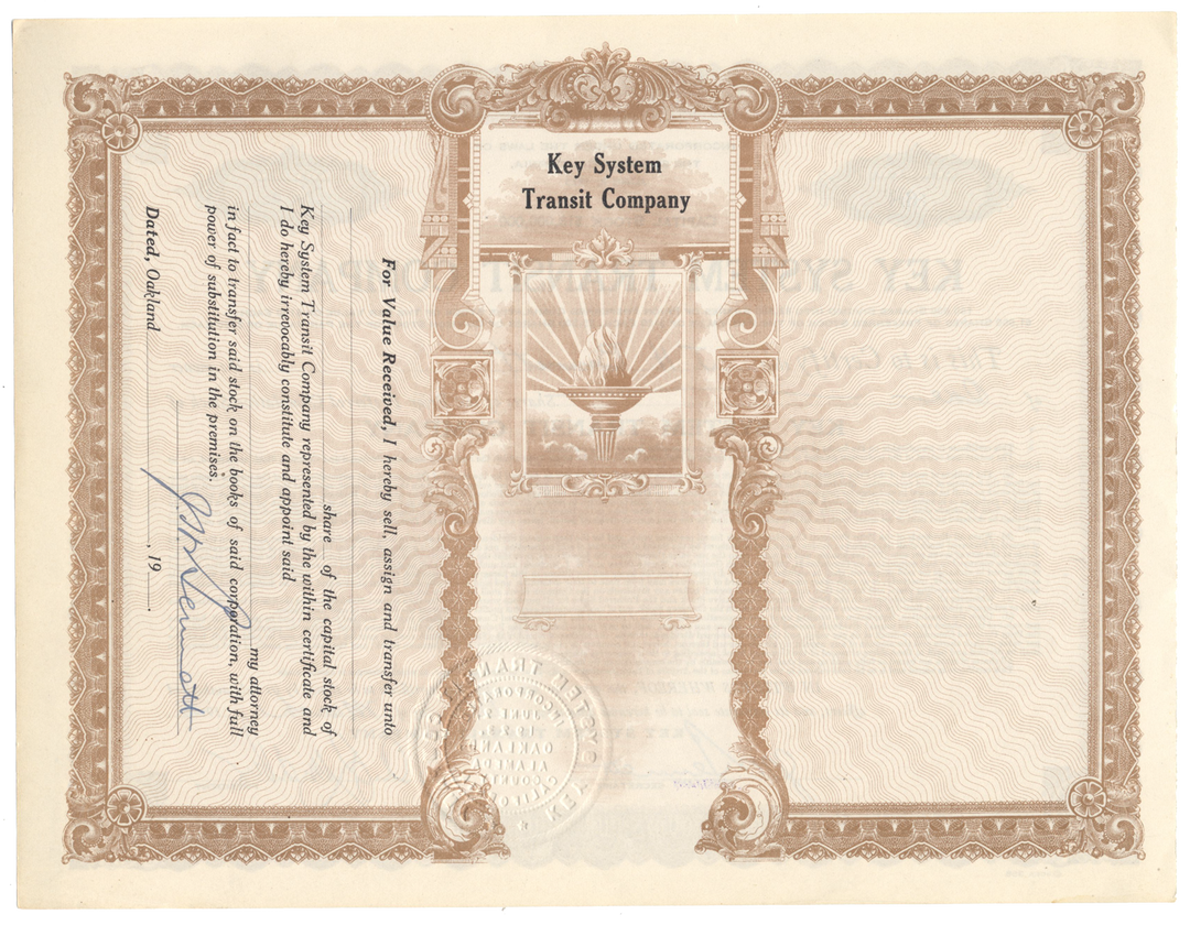 Key System Transit Company Stock Certificate