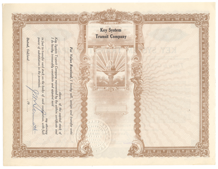 Key System Transit Company Stock Certificate