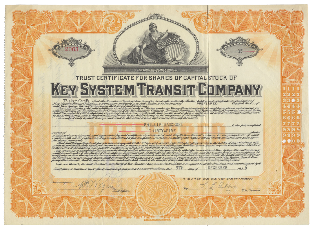 Key System Transit Company Stock Certificate