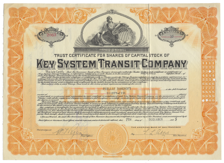 Key System Transit Company Stock Certificate