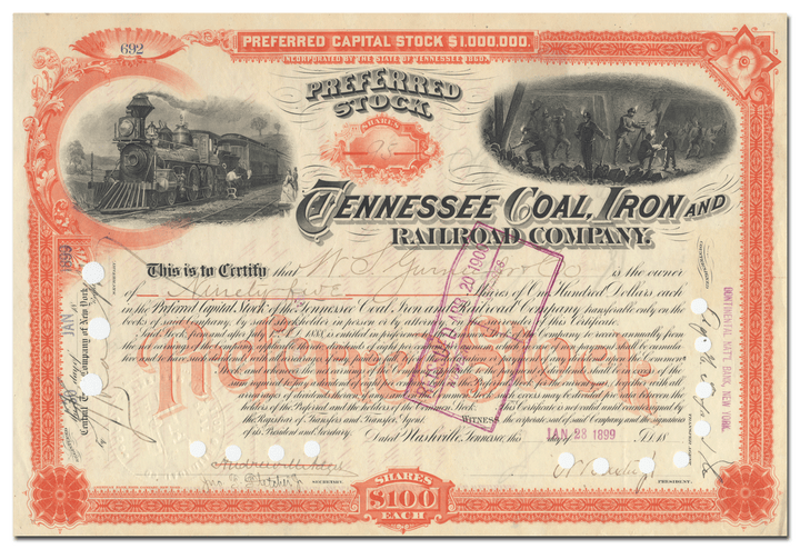 Tennessee Coal, Iron and Railroad Company Stock Certificate