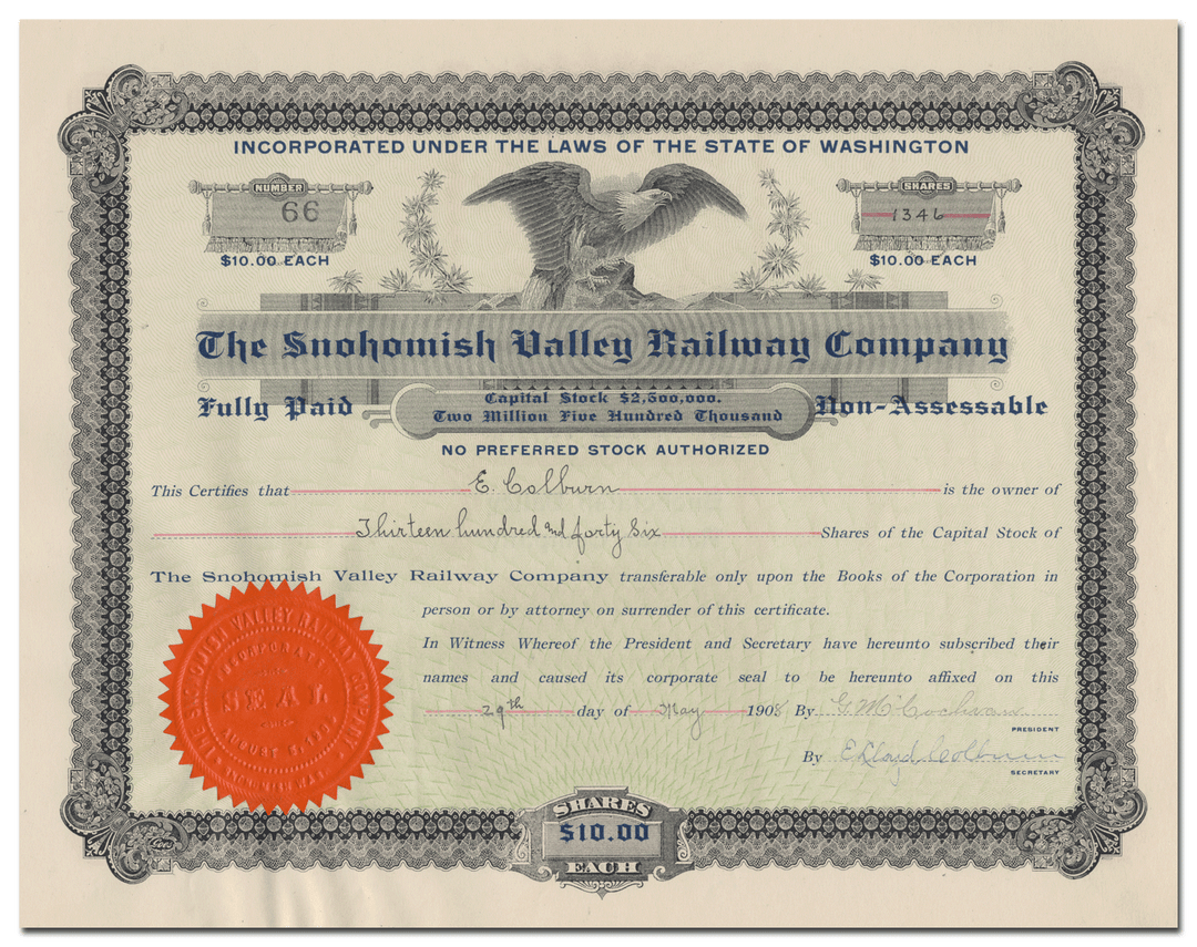 Snohomish Valley Railway Company Stock Certificate