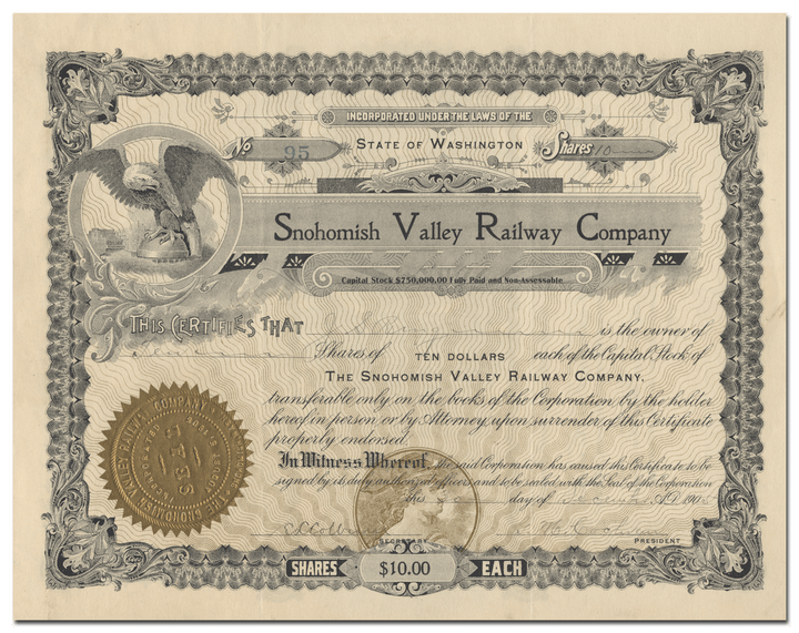 Snohomish Valley Railway Company Stock Certificate