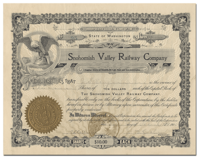 Snohomish Valley Railway Company Stock Certificate