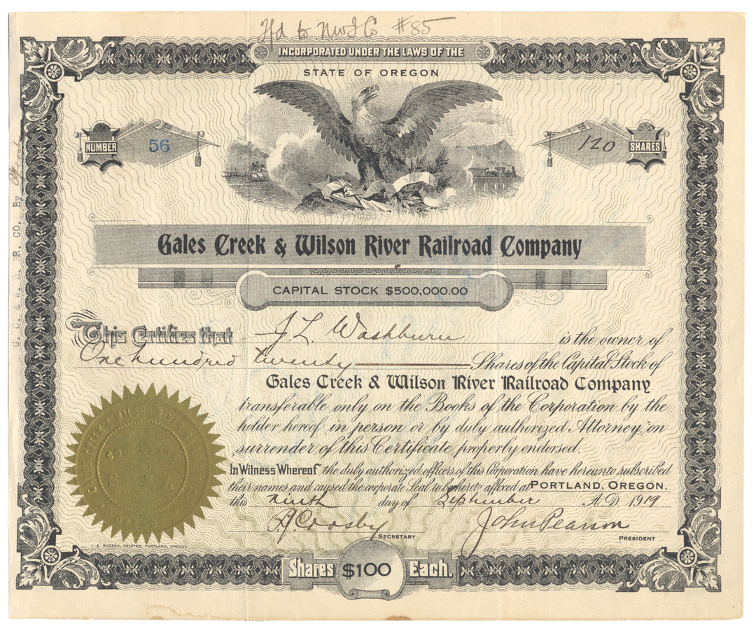 Gales Creek & Wilson River Railroad Co. Stock Certificate