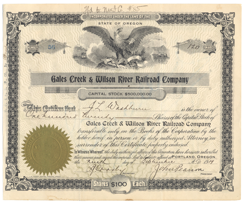 Gales Creek & Wilson River Railroad Co. Stock Certificate