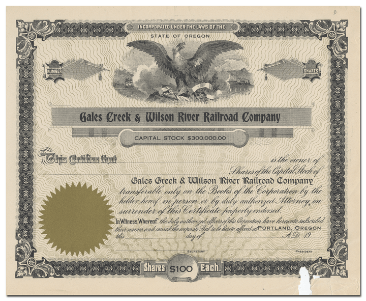 Gales Creek & Wilson River Railroad Company Stock Certificate