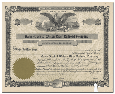 Gales Creek & Wilson River Railroad Company Stock Certificate