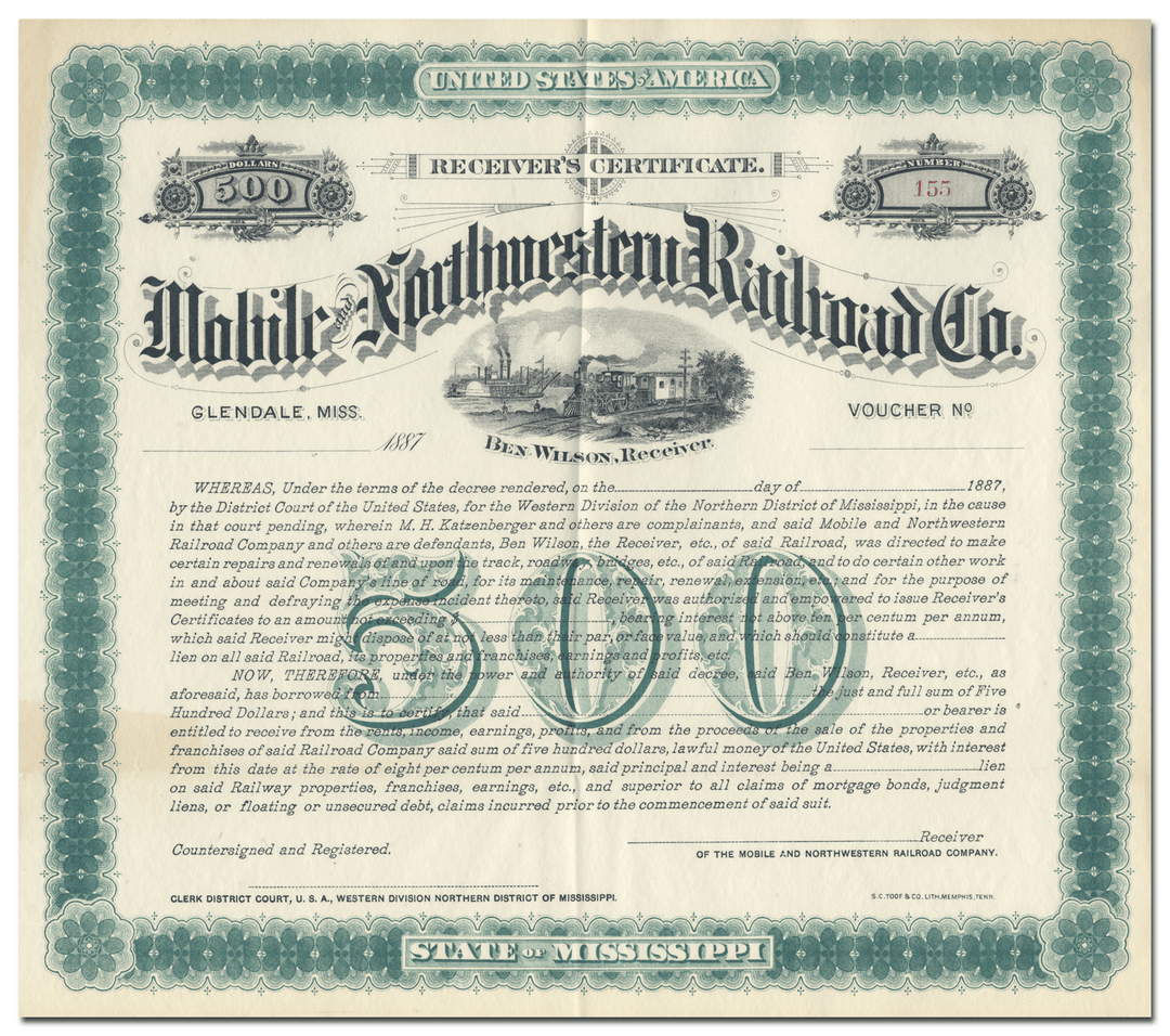 Mobile and Northwestern Railroad Company Bond Certificate