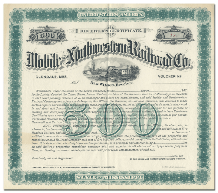 Mobile and Northwestern Railroad Company Bond Certificate