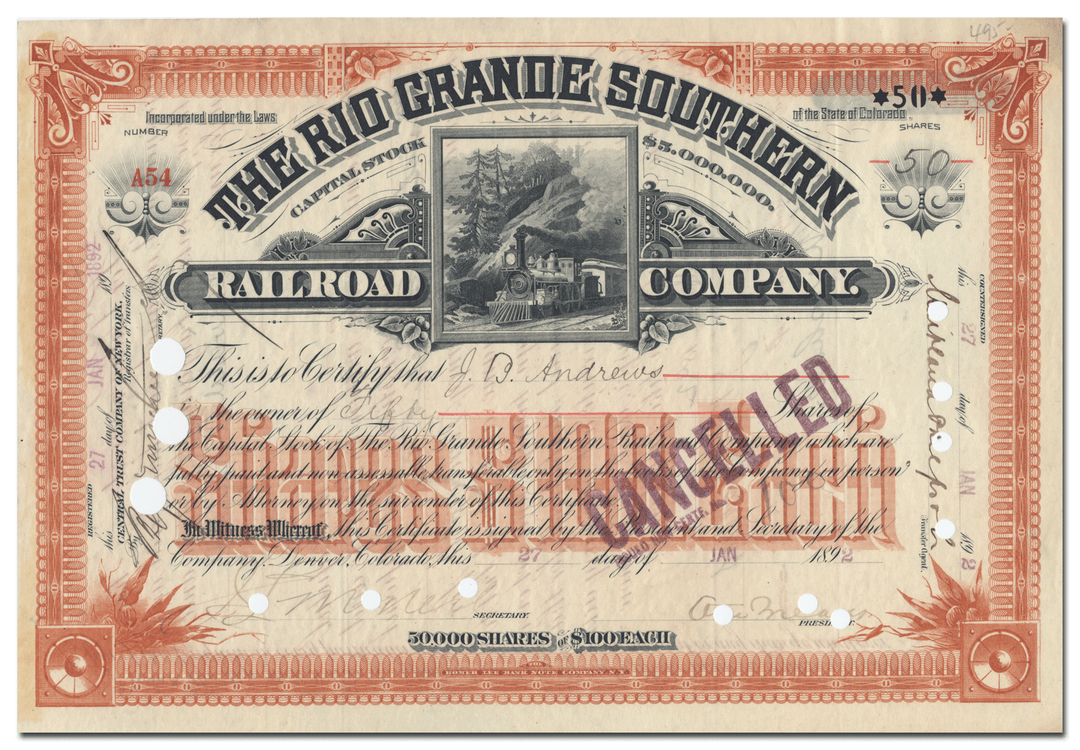 Rio Grande Southern Railroad Company Stock Certificate Signed by Otto Mears