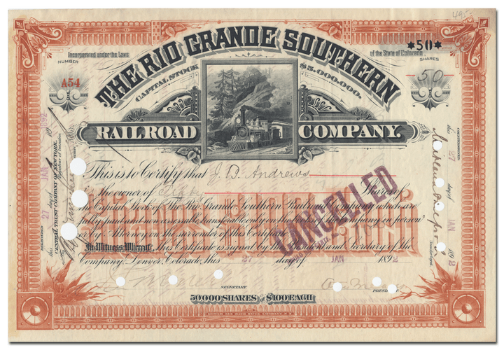 Rio Grande Southern Railroad Company Stock Certificate Signed by Otto Mears