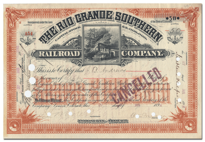 Rio Grande Southern Railroad Company Stock Certificate Signed by Otto Mears