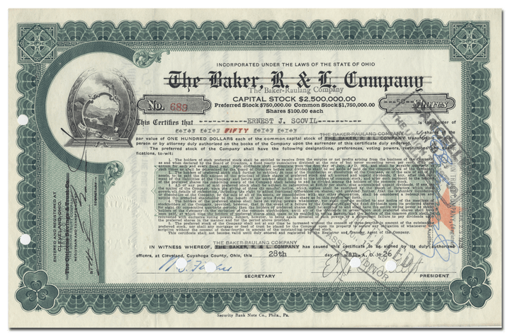 Baker, R. & L. Company Stock Certificate