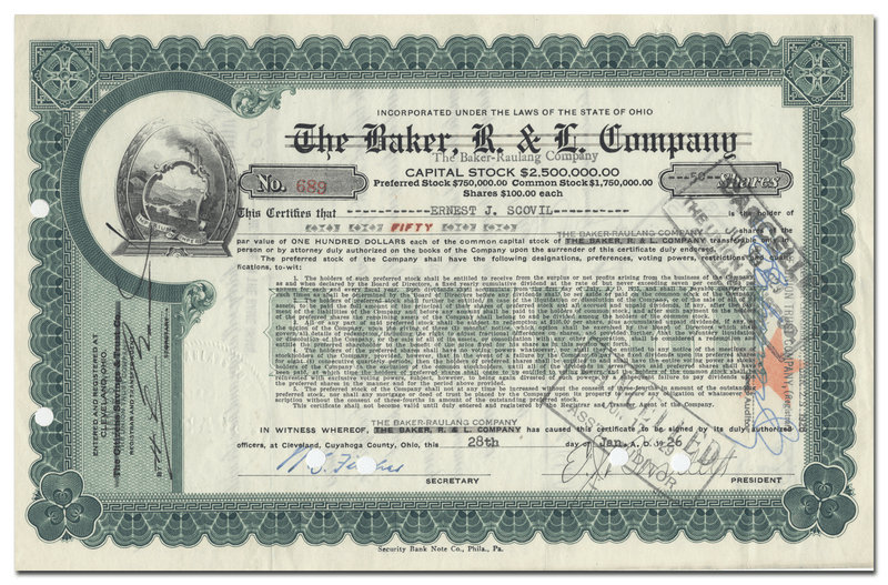 Baker, R. & L. Company Stock Certificate
