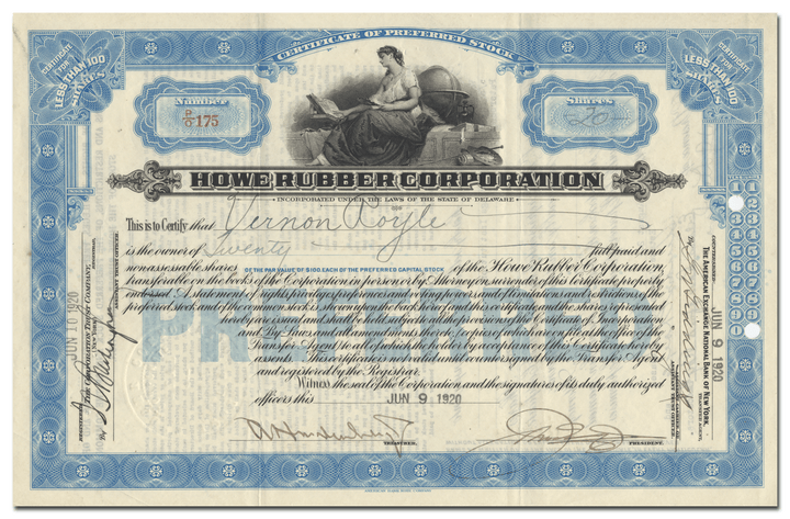 Howe Rubber Corporation Stock Certificate