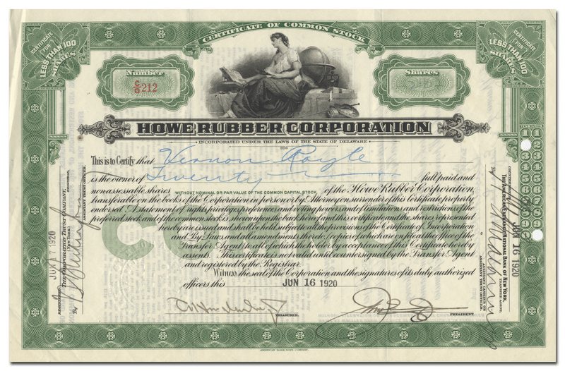 Howe Rubber Corporation Stock Certificate