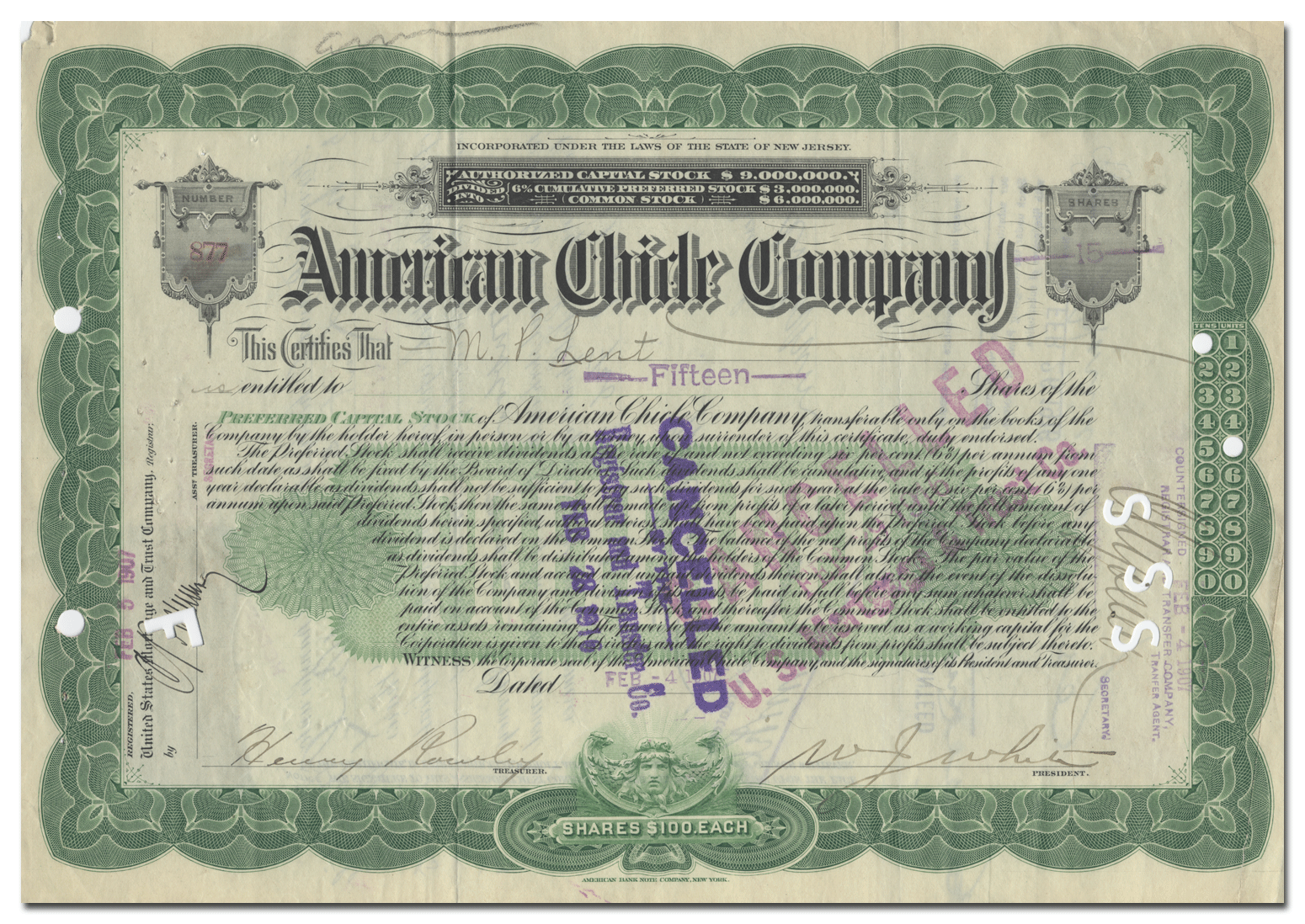 American Chicle Company Stock Certificate (Chewing Gum) – Ghosts of ...