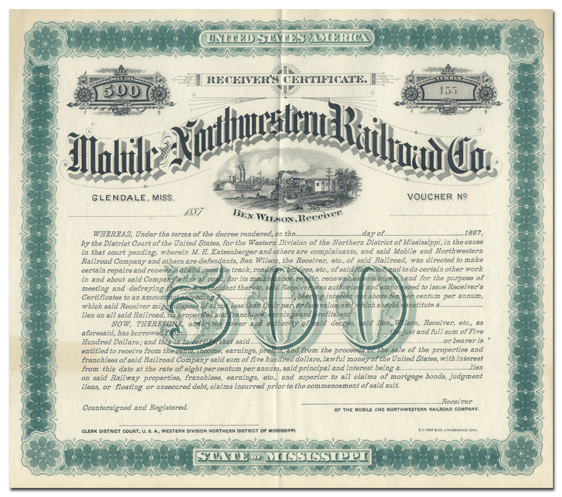 Mobile and Northwestern Railroad Company Bond Certificate