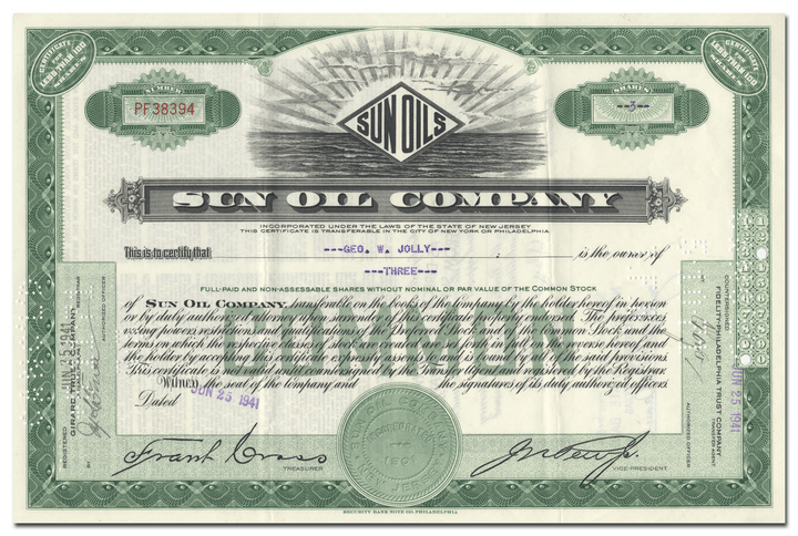 Sun Oil Company Stock Certificate