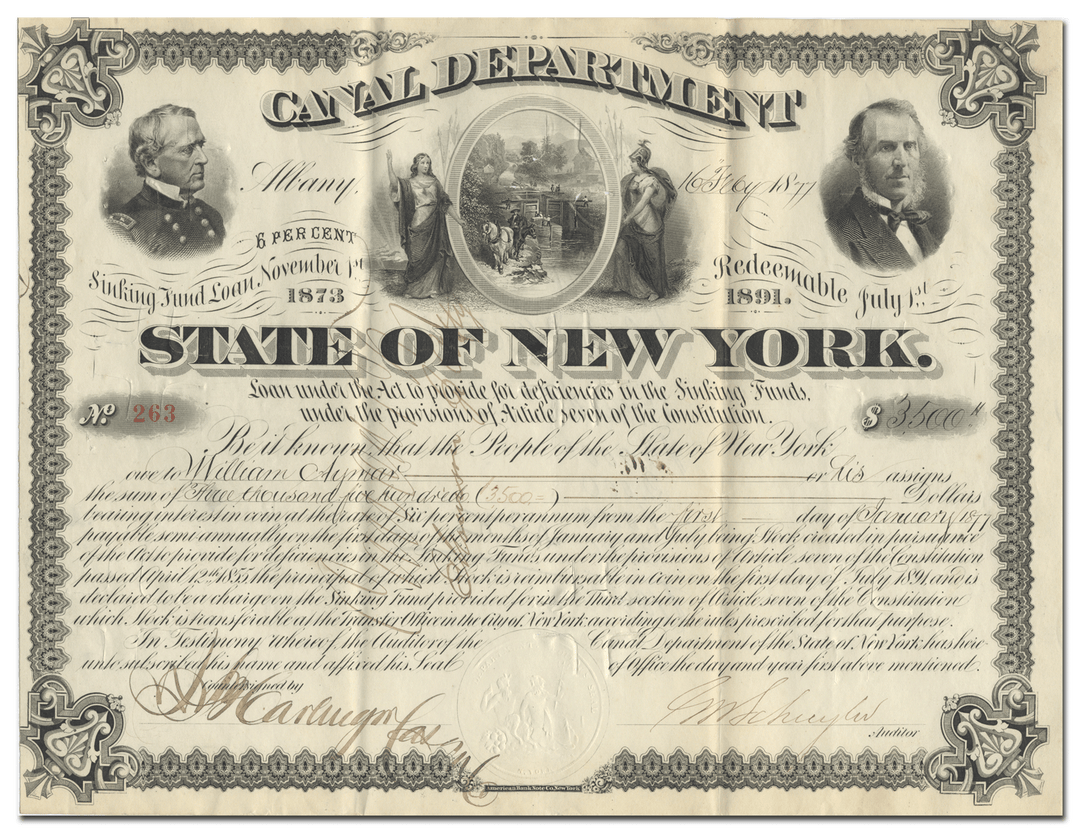 State of New York Canal Department Bond Certificate