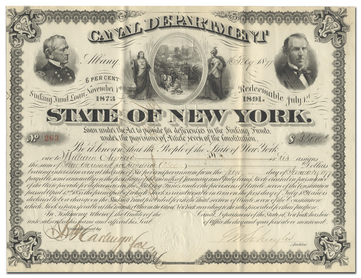 State of New York Canal Department Bond Certificate