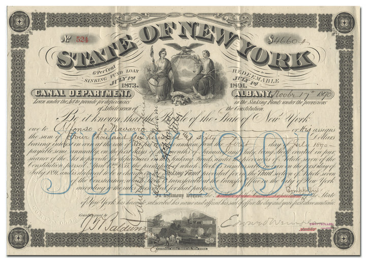 State of New York Canal Department Bond Certificate