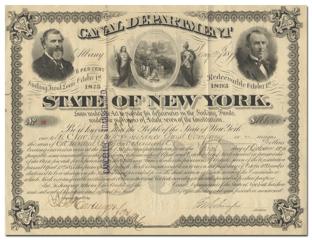 State of New York Canal Department Bond Certificate