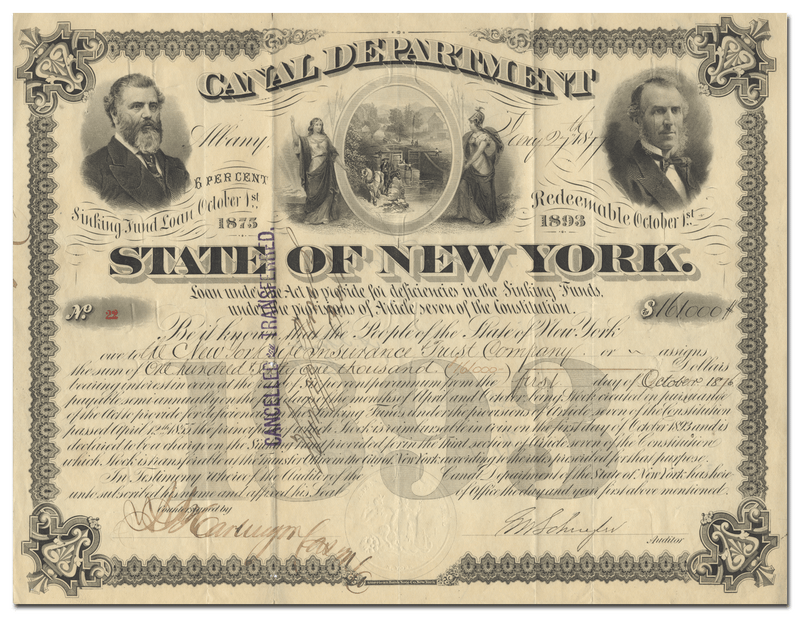 State of New York Canal Department Bond Certificate
