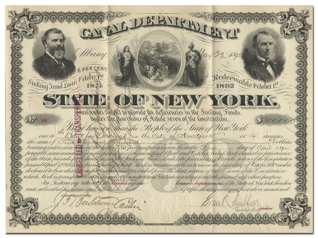 State of New York Canal Department Bond Certificate