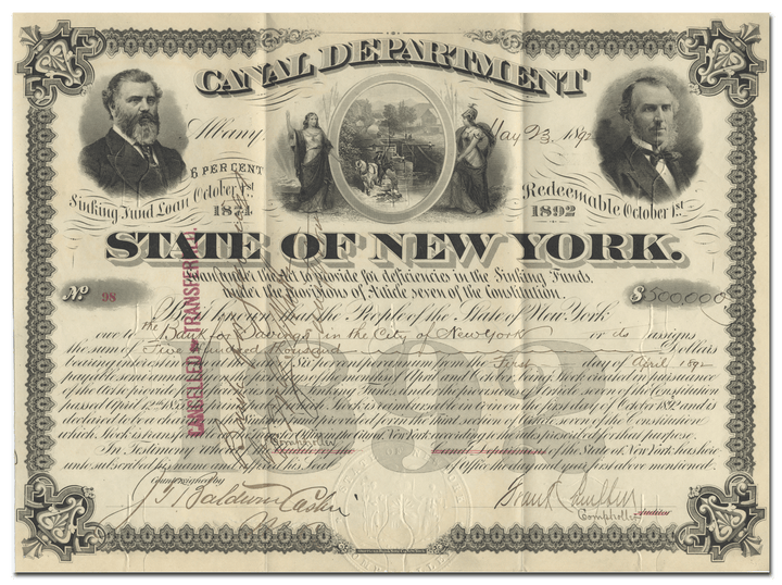 State of New York Canal Department Bond Certificate