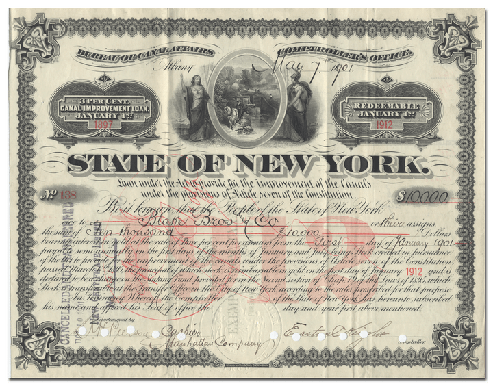 State of New York Canal Affairs Bond Certificate