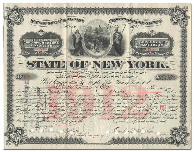 State of New York Canal Affairs Bond Certificate