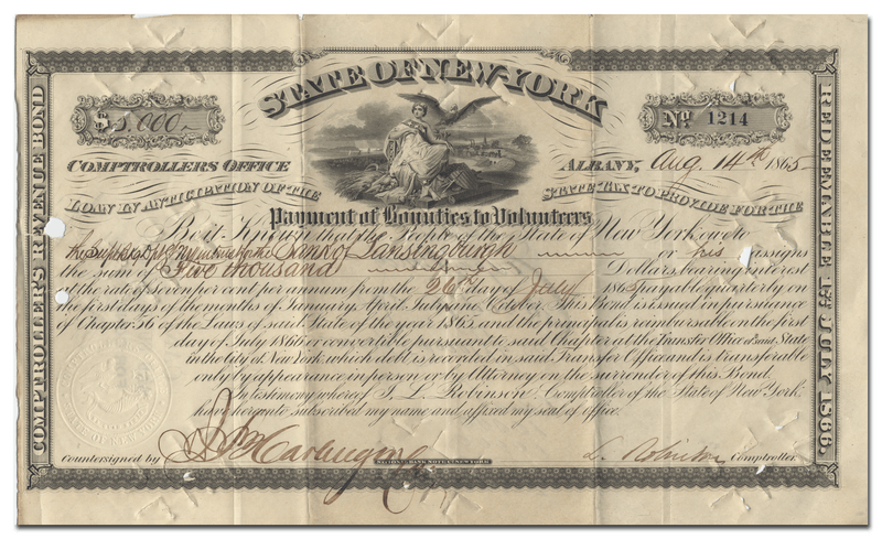 State of New York Civil War Bounties Bond Certificate