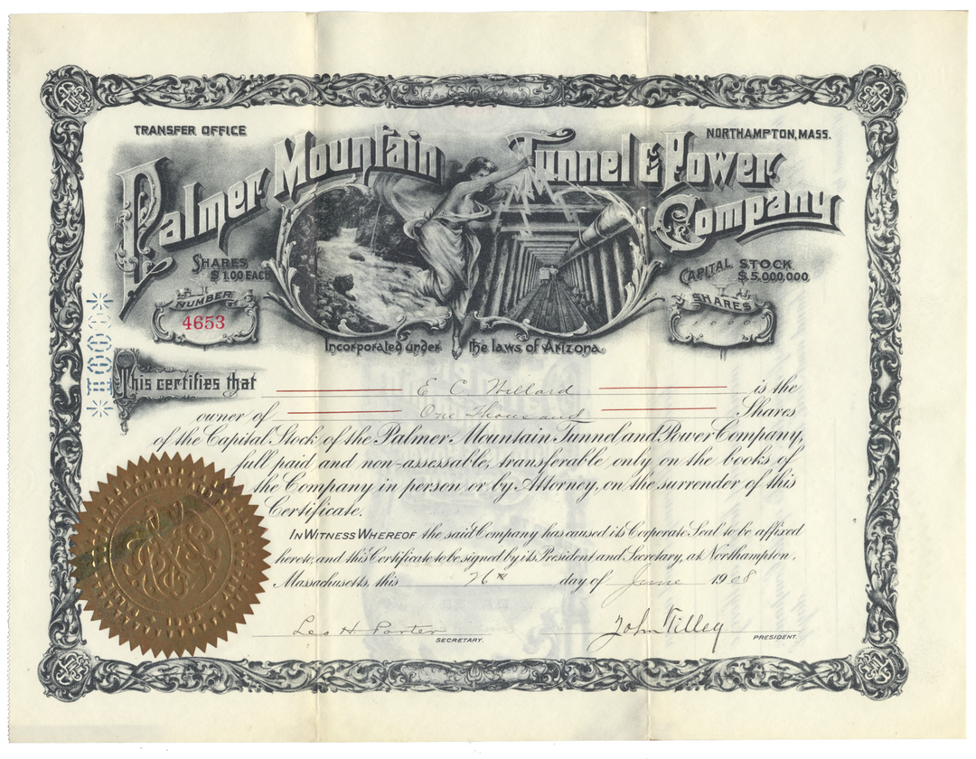 Palmer Mountain Tunnel & Power Company Stock Certificate