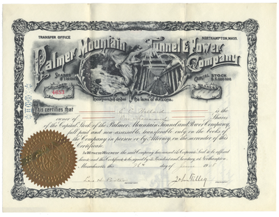 Palmer Mountain Tunnel & Power Company Stock Certificate
