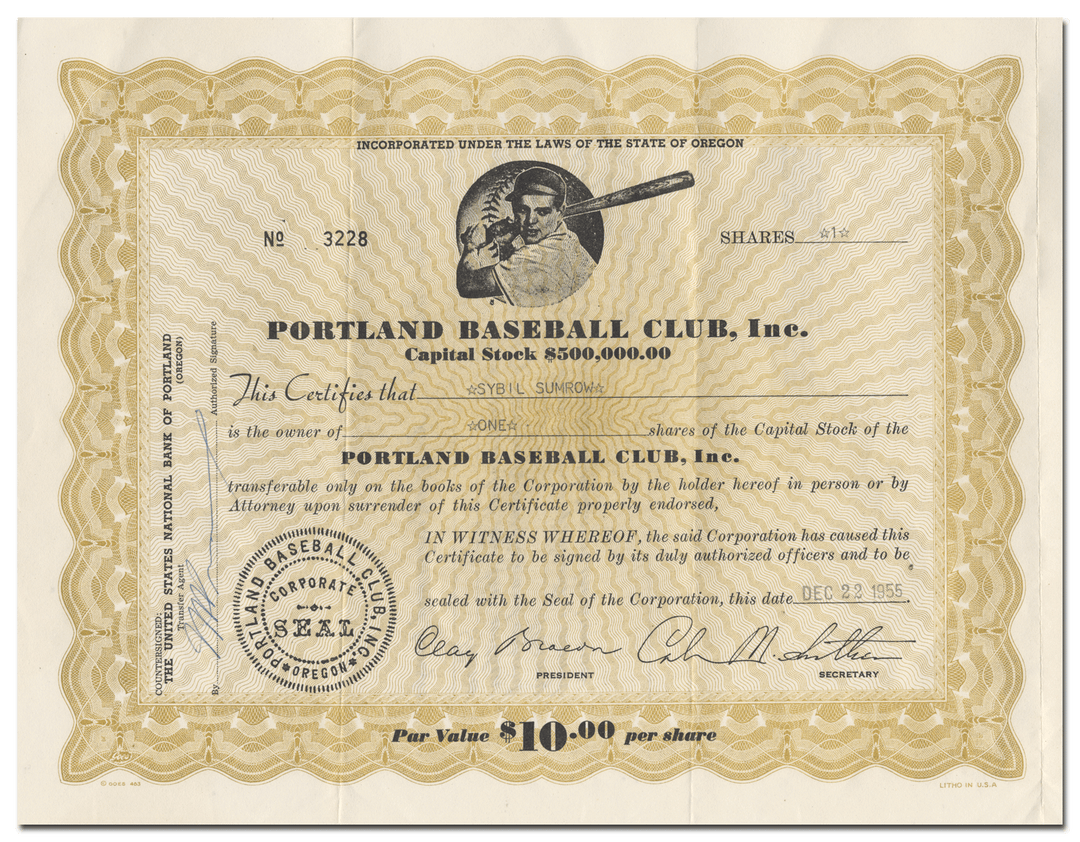 Portland Baseball Club, Inc. Stock Certificate