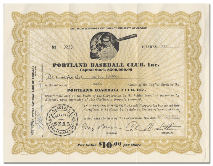 Portland Baseball Club, Inc. Stock Certificate