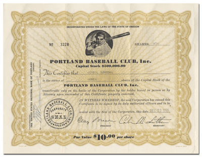 Portland Baseball Club, Inc. Stock Certificate