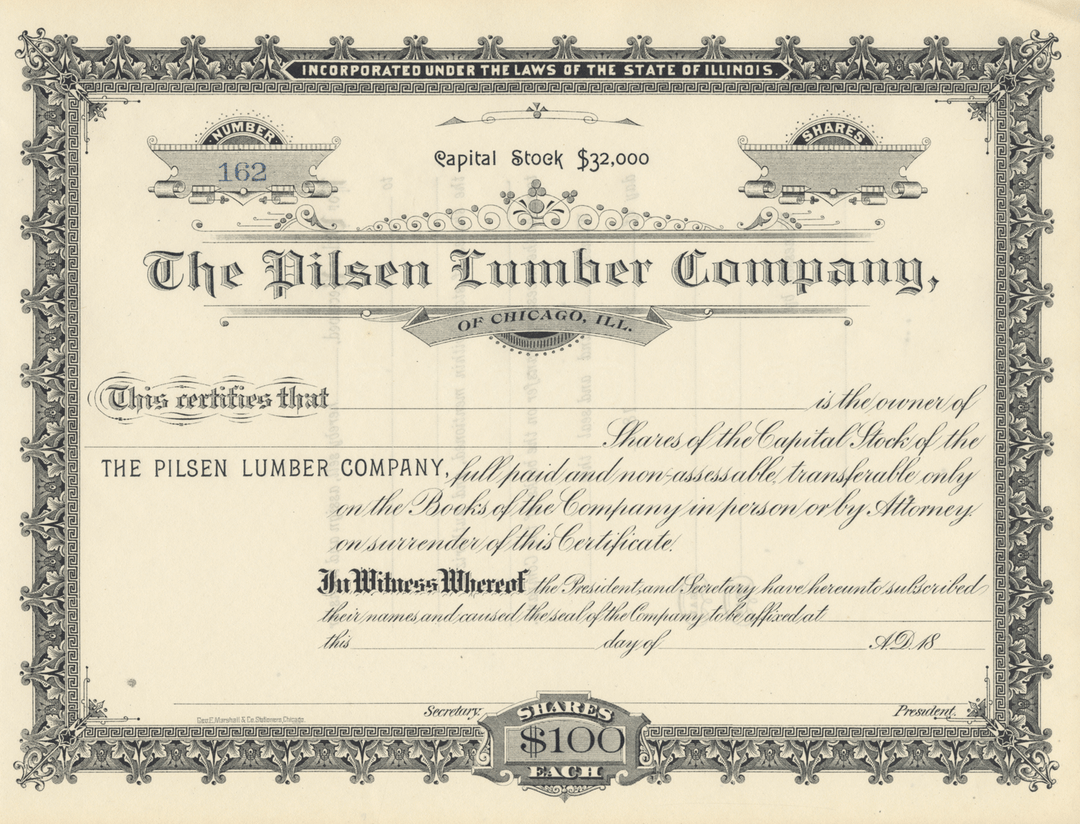 Pilsen Lumber Company Stock Certificate