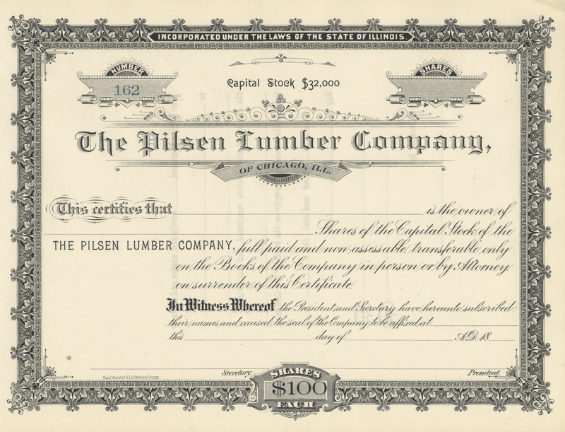 Pilsen Lumber Company Stock Certificate