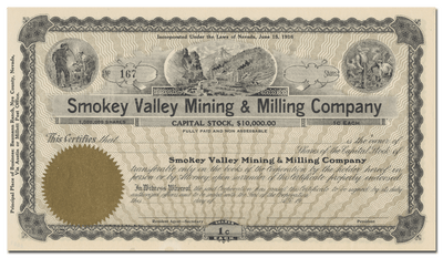 Smokey Valley Mining & Milling Company Stock Certificate