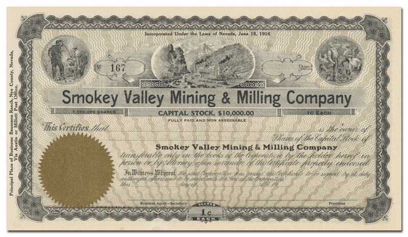 Smokey Valley Mining & Milling Company Stock Certificate