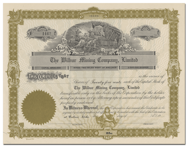 Wilbur Mining Company, Limited Stock Certificate