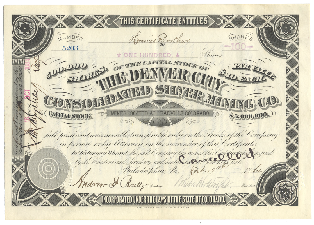 Denver City Consolidated Silver Mining Company Stock Certificate Signed by Whitaker Wright